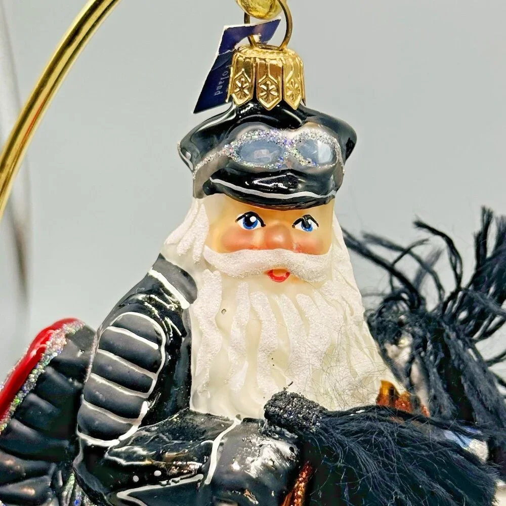 Motorcycle Rider Biker Santa Tassels Polish Glass Christmas Tree‎ Ornament 5.5